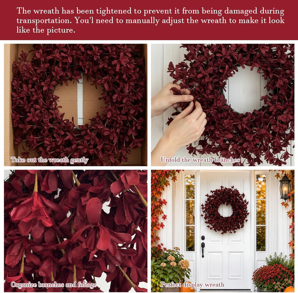 24 Inch Burgundy Fall Wreaths for Front Door, Artificial Forsythia Wreath