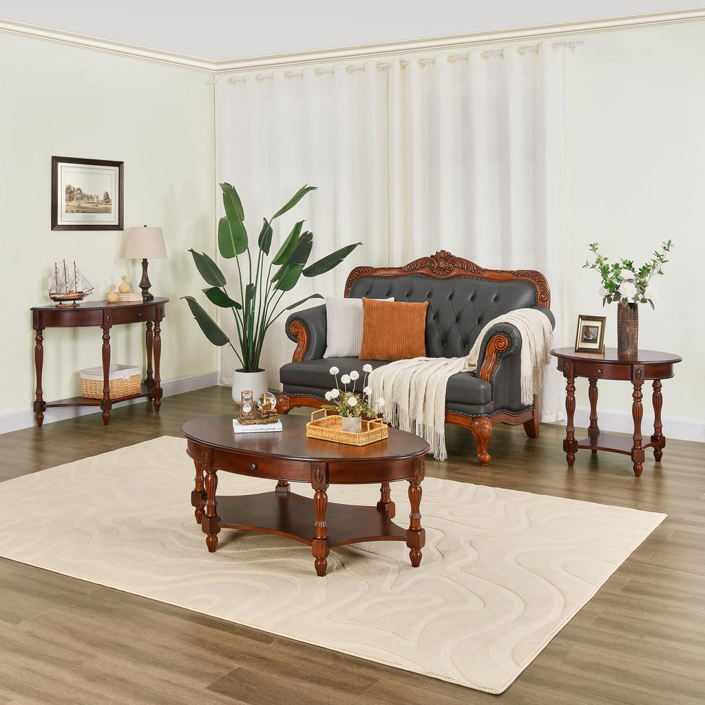 Oval Round End Table, 2-Tier Cherry Wood End Table Solid Wood Side Table with Drawer, Victorian Vintage Nightstand