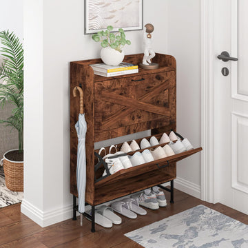 Shoe Storage Cabinet, Narrow Shoe Cabinet with 2 Flip Drawers, Freestanding Shoe Organizer with Open Storage