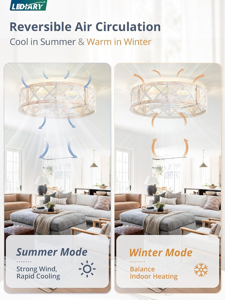 20" Caged Ceiling Fan with Light, APP&Remote Control, Small Flush Mount Farmhouse Fan Lights