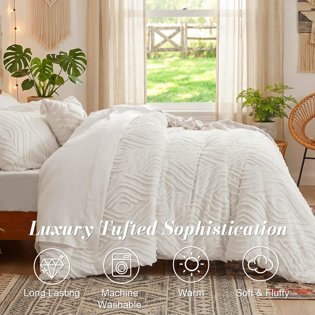 7 Pieces White Comforter Set for All Seasons Tufted Boho Bedding Set Farmhouse Bed in A Bag as Gifts (1