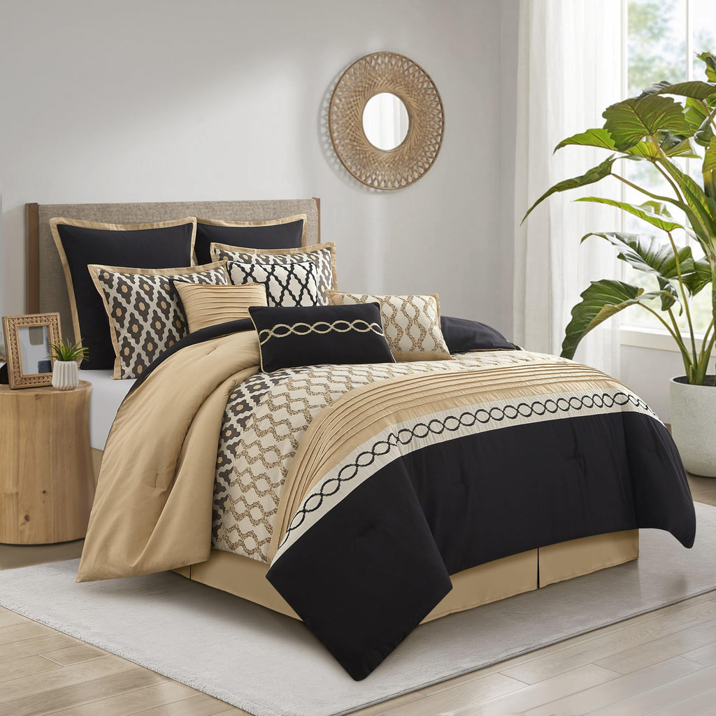 Black Gold Comforter Set, 10 Piece, Jacquard Bedding Comforters & Sets, Matching Bedskirt, Pillows & Shams