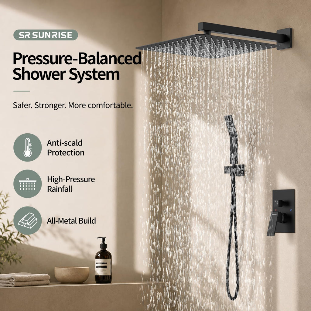 Shower Faucet Set 16-Inch Rainfall Shower Head Matte Black