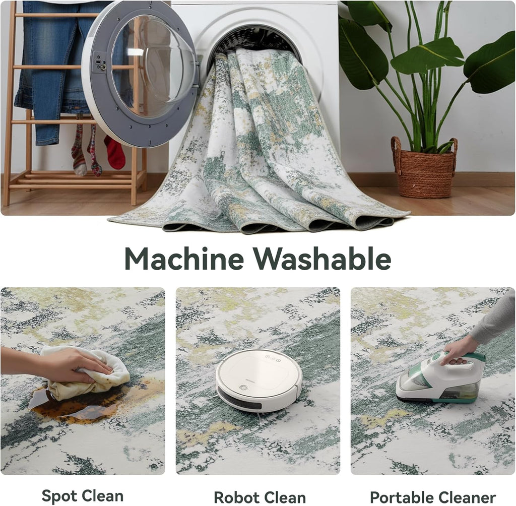 Washable Area Rug for Living Room, 8x10 Non Slip Modern Abstract Green Rugs, Easy Clearning Low Pile Large Carpet for