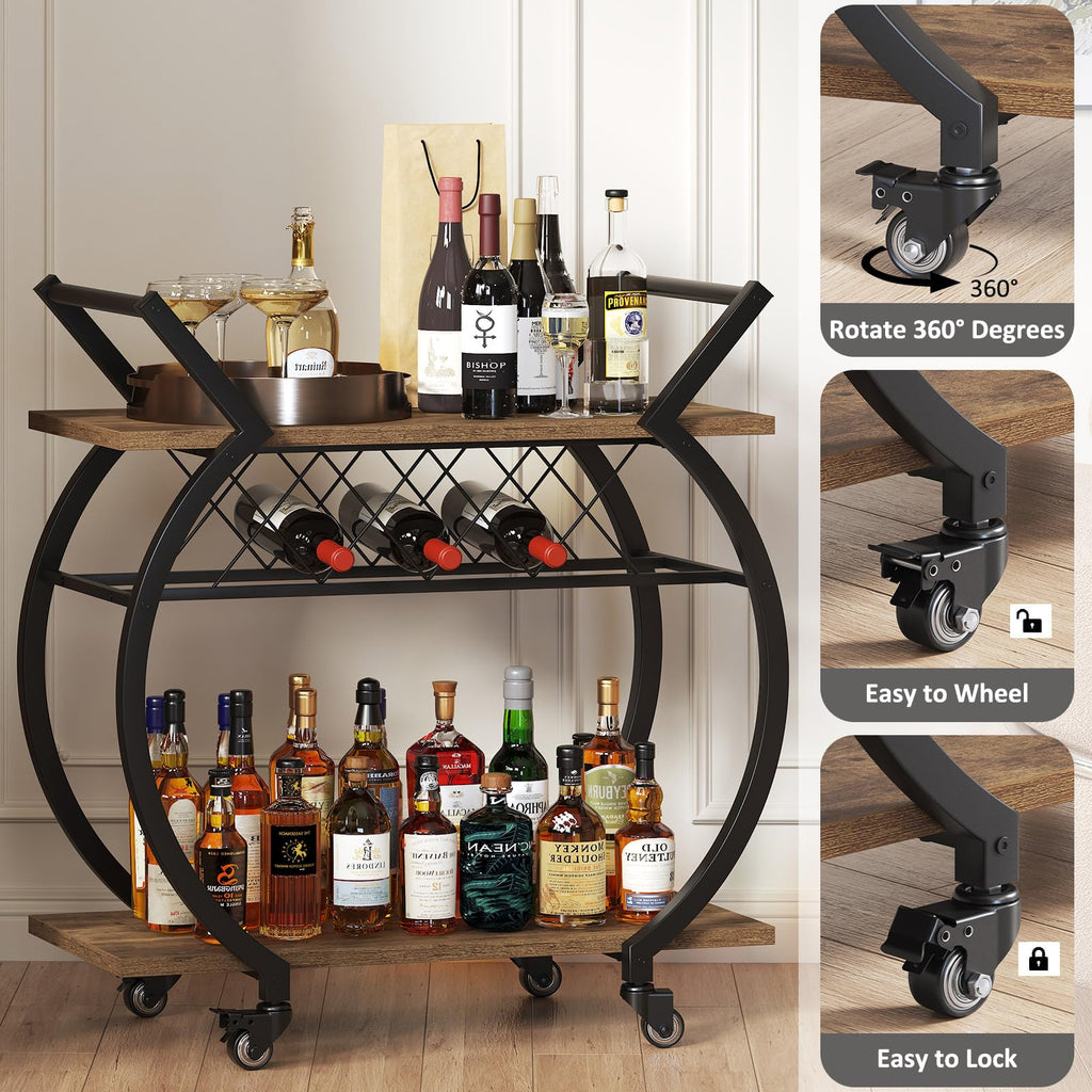 Industrial Bar Cart, Beverage Serving Cart with Wheels, Rustic Brown