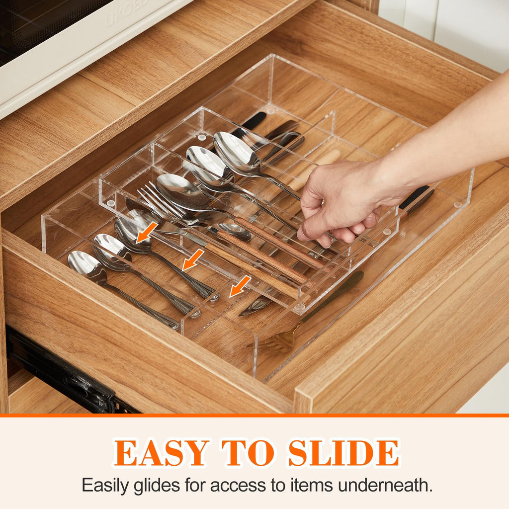 2 Layer Acrylic Deep Kitchen Utensil Drawer Organizer for Flatware Utensils