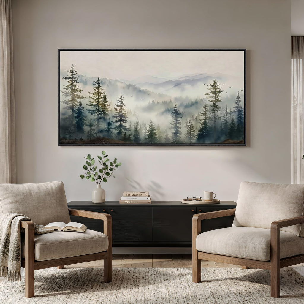 Framed Misty Forest Mountain Landscape Wall Art, 60x30 Inch