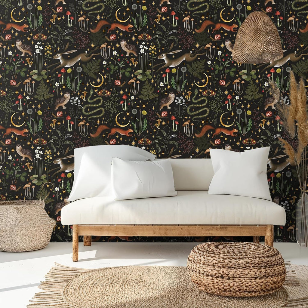 Black Woodland Mushroom Peel and Stick Wallpaper Boho Fairy Forest Wallpaper for Kids Room Nursery 17.7''x354''