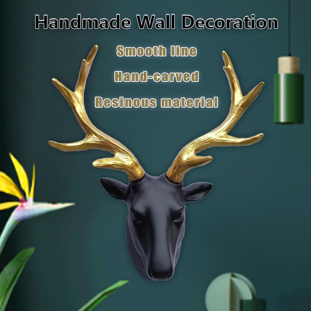 Deer Head Wall Decor-Wall Sculpture Resin Deer Head Gold Antler Faux Skull-Handmade Wall Art Hanging Rustic Animal
