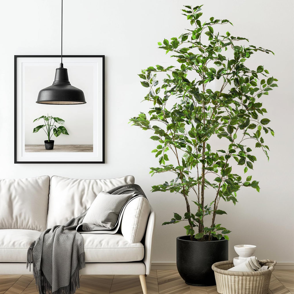 Artificial Ficus Tree Indoor 6ft, Large Potted Faux Tree with Realistic Silk Leaves & Trunk Corner Decor