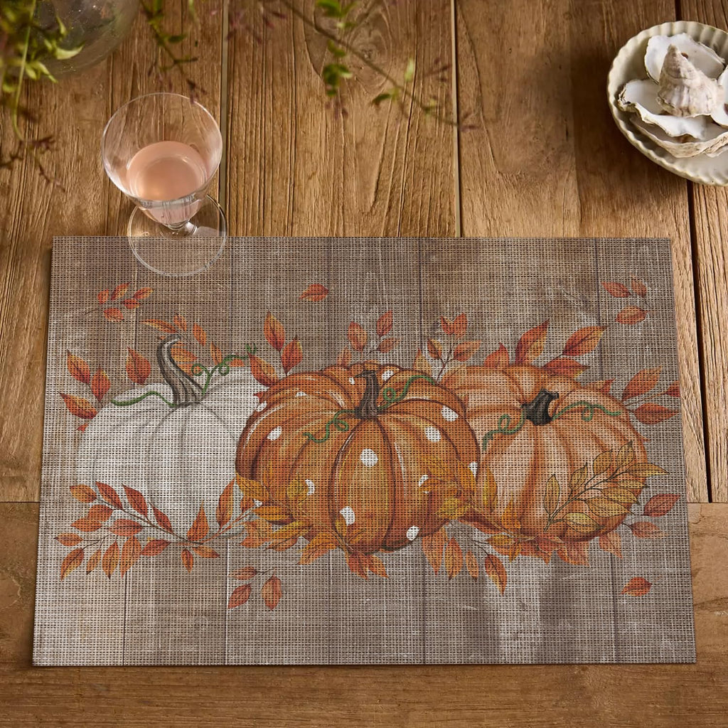 Wood Pumpkin Leaves Fall Vinyl Placemats Set of 6, Wipeable Woven PVC Table Mats for Thanksgiving Farmhouse Party
