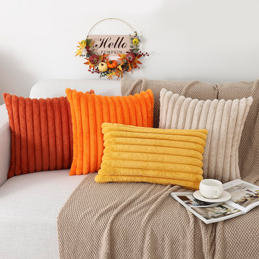 Faux Fur Fall Decorative Throw Pillow Covers 16x16 Set of 2, Rust