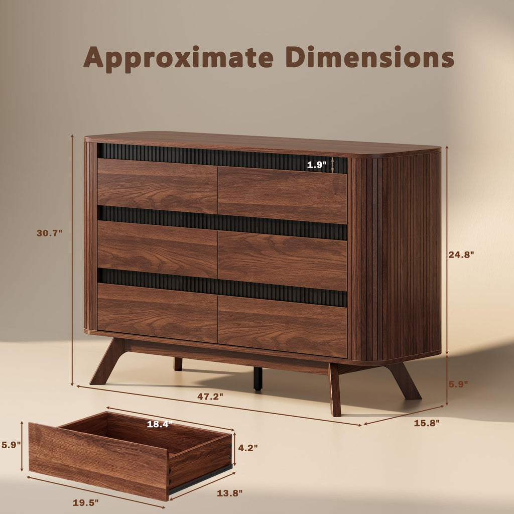 Fluted 6 Drawer Dresser, 47W x 31H, Modern Walnut Brown