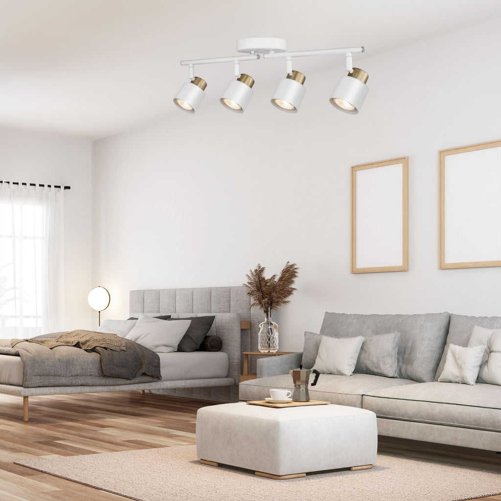 4 Light Track Lighting Kit, Matte White Brass Finish Adjustable with Modern Flush Mount Ceiling Spotlight