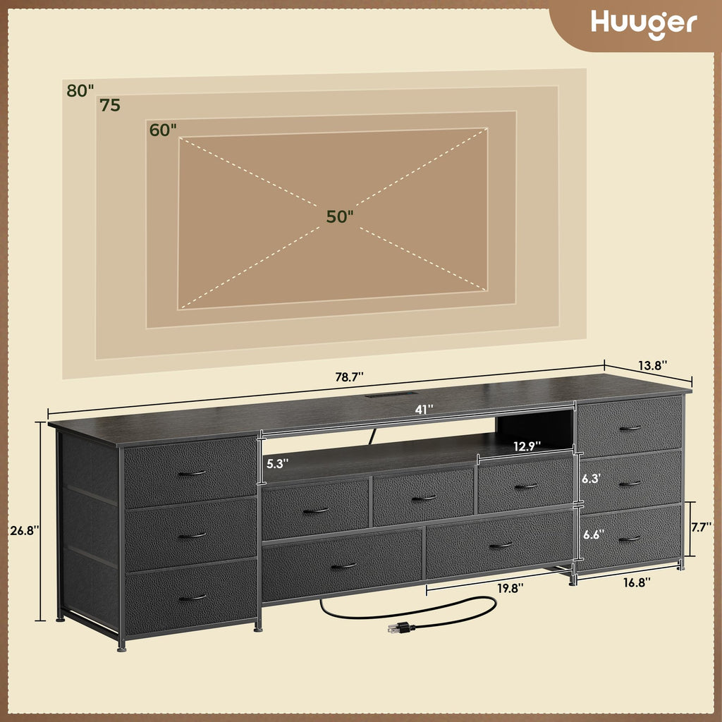 78.7 Inch TV Stand for 75, 80 Inch TV, 11 Drawer Long Dresser with Power Outlets and LED Lights, Entertainment Center