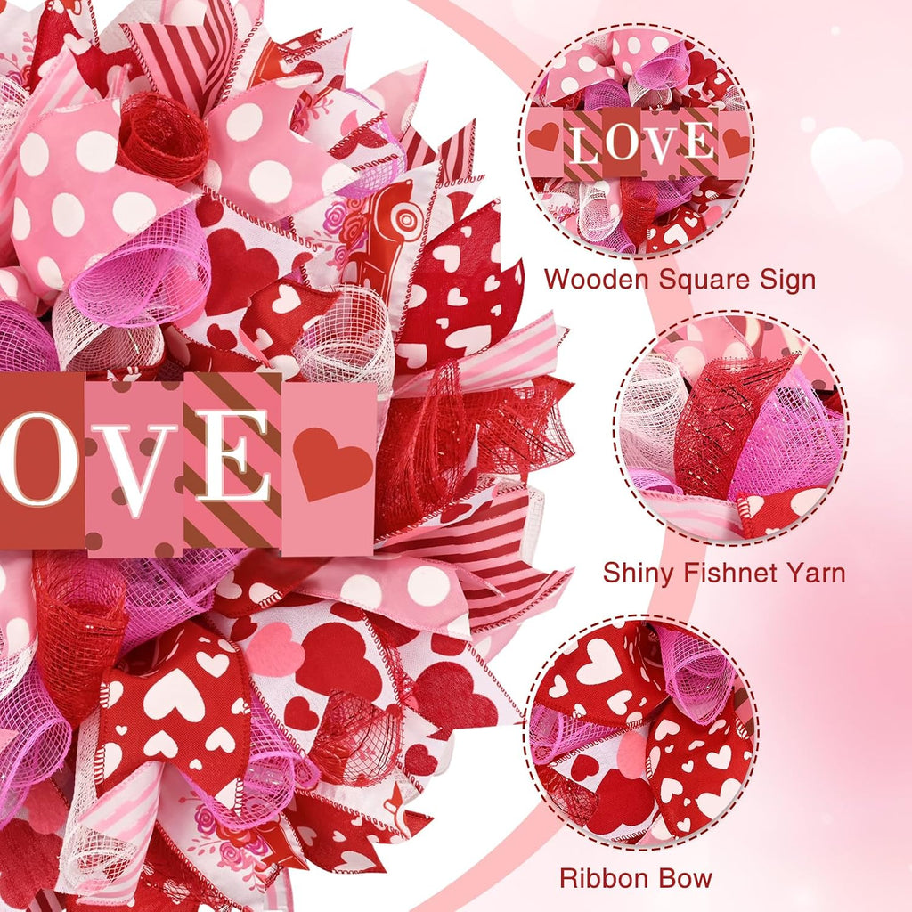 17 Inch Valentines Day Mesh Wreath,Valentines Wreaths for Front Door with Love Wooden Sign Fishnet Yarn, Valentines