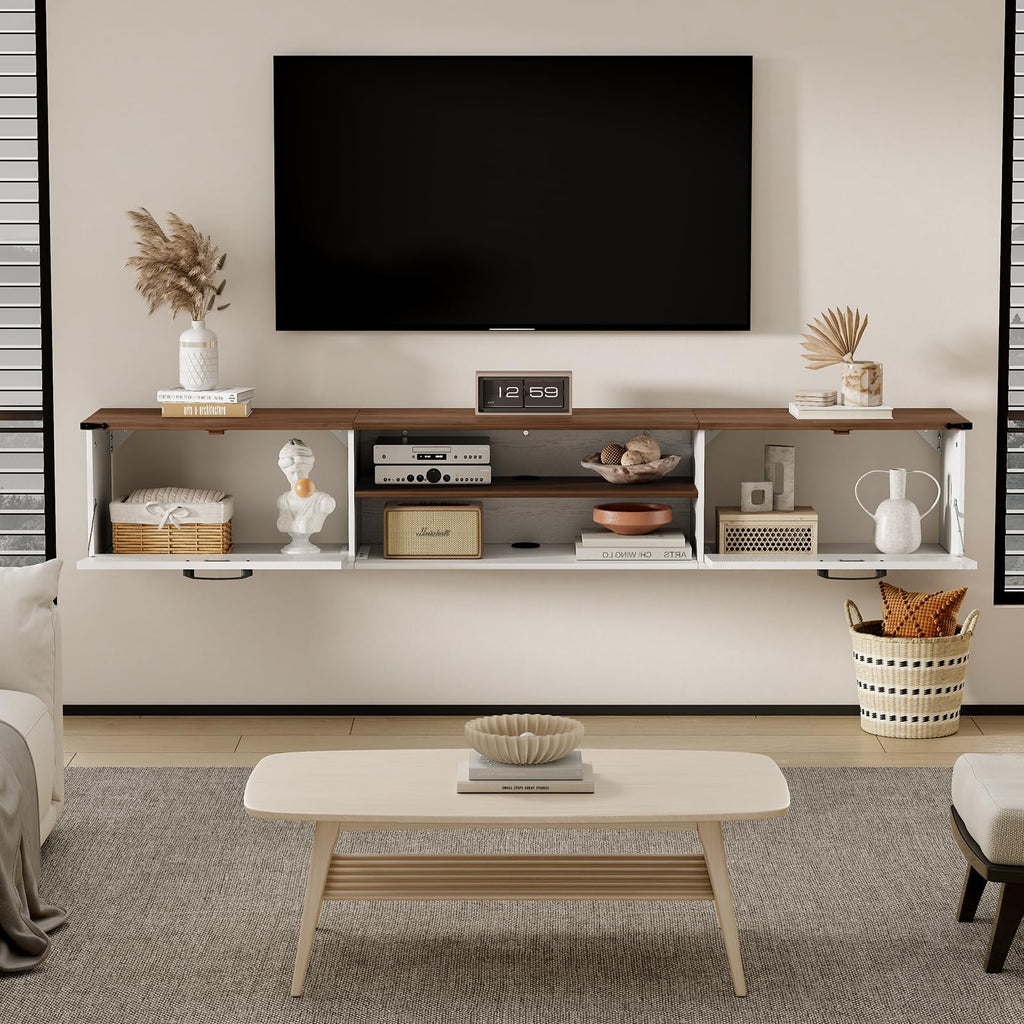 70" Farmhouse Floating TV Stand with Filp Doors for TVs up to 90", White