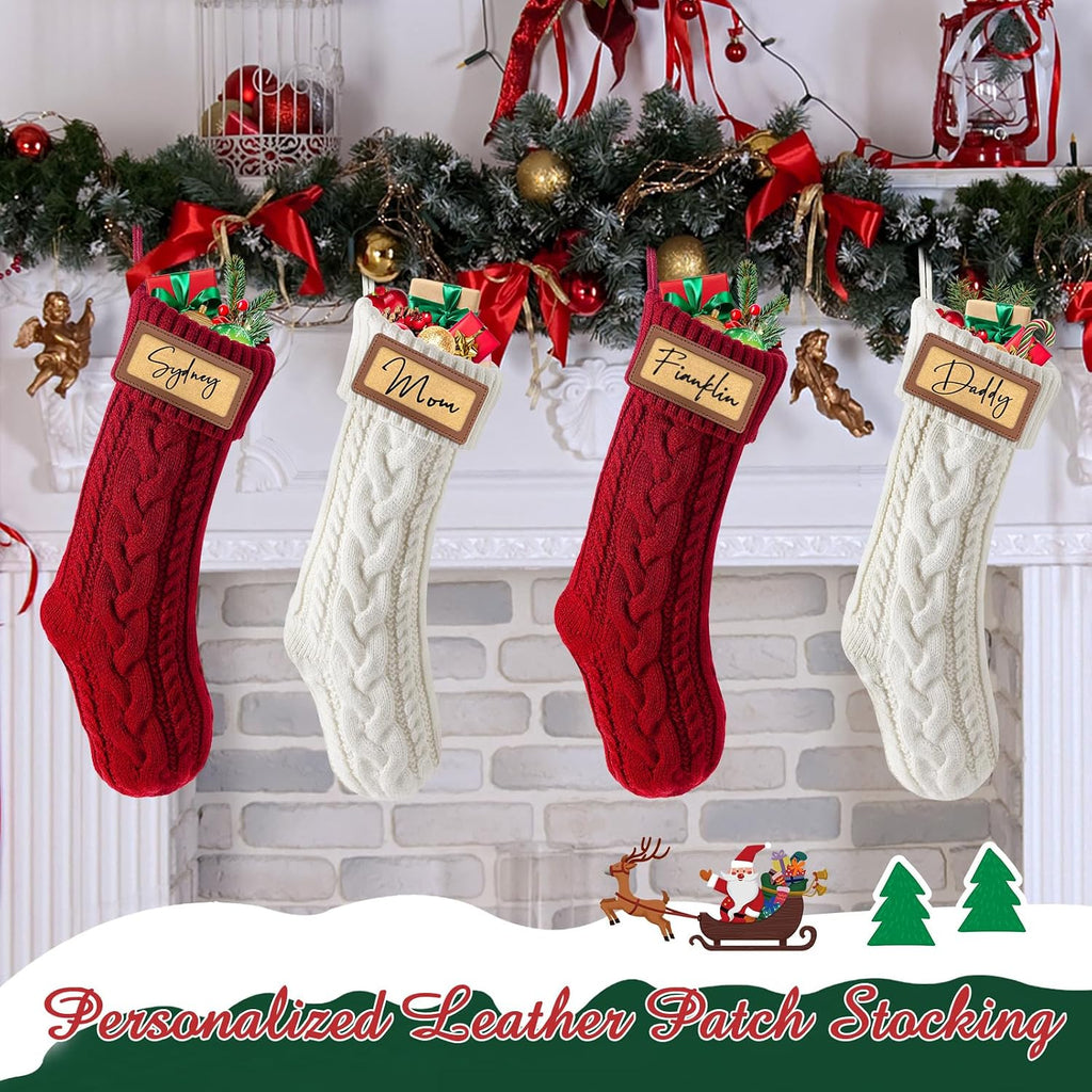 Personalized with Leather Patches Name Family Christmas Stockings, 18.5" Large Knitted Xmas Stockings - Set of 4