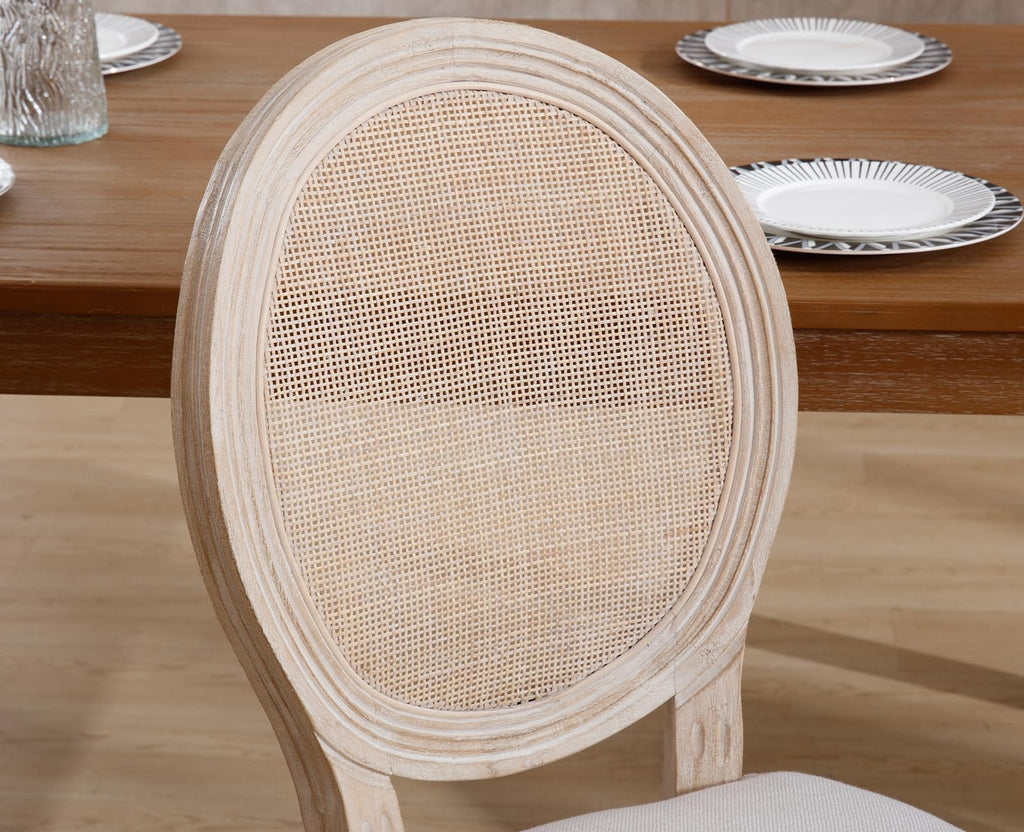 Farmhouse Dining Chairs Set of 2, Round Rattan Back French Country Dining Room Chairs Vintage Fabric Upholstered
