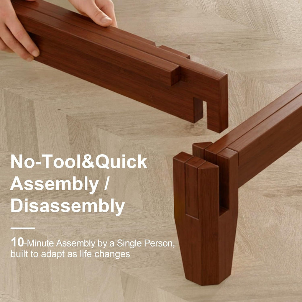 Queen Solid Bamboo Bed Frame, Japanese Joinery Platform Bed Frame(Walnut)