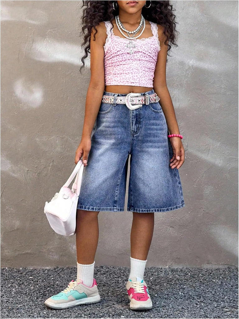 Girl's Baggy Jorts Elastic Waist Wide Leg Bermuda Denim Shorts