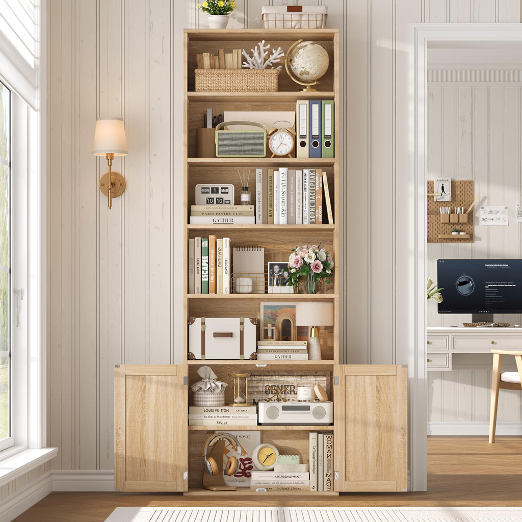 82" Tall Bookcase, Farmhouse Bookshelf with Doors, Light Oak