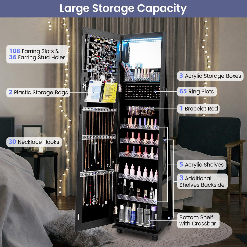 360° Rotating Jewelry Organizer, Lockable Jewelry Armoire (Black)