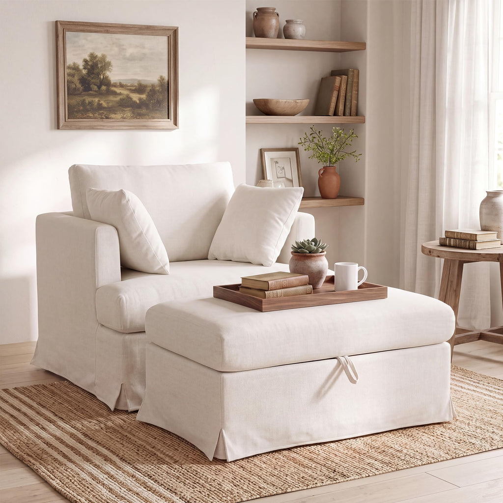Coastal Accent Armchair with Storage Ottoman, 40.2", Chenille, Beige