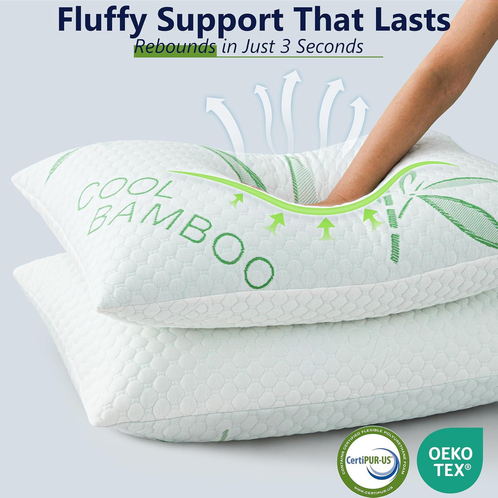 Cooling Pillows, Shredded Memory Foam Pillows King Size Set of 2 Adjustable Firm Bamboo Bed Pillows for Hot, Side