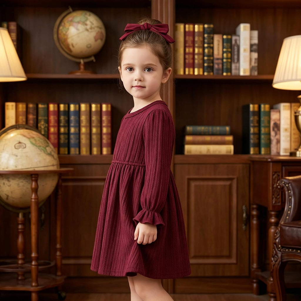 Toddler Baby Girl Dress Puff Long Sleeve Knit Sweater Fall Winter Ribbed Ruffle Casual Solid Dress with Pockets
