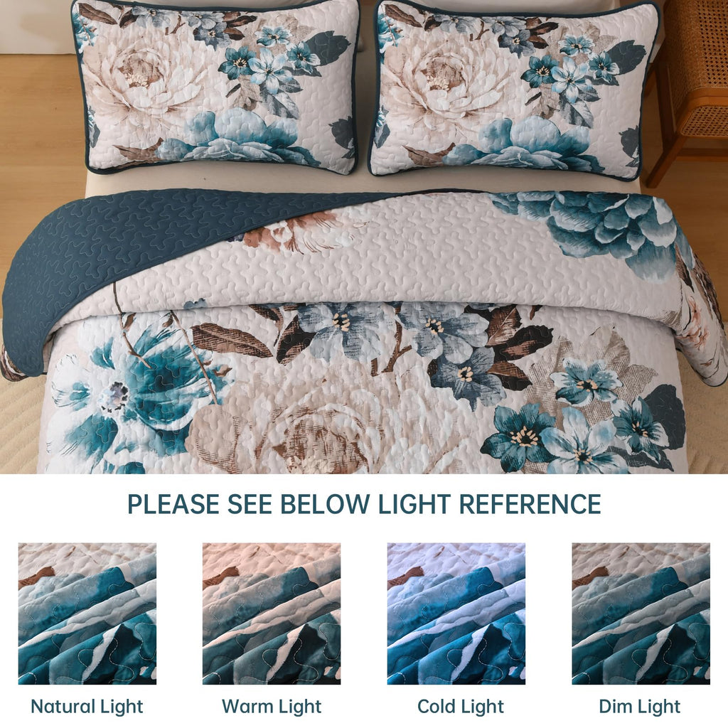 Quilt, 3 Pcs Aqua Floral Bedspread Bedding Set