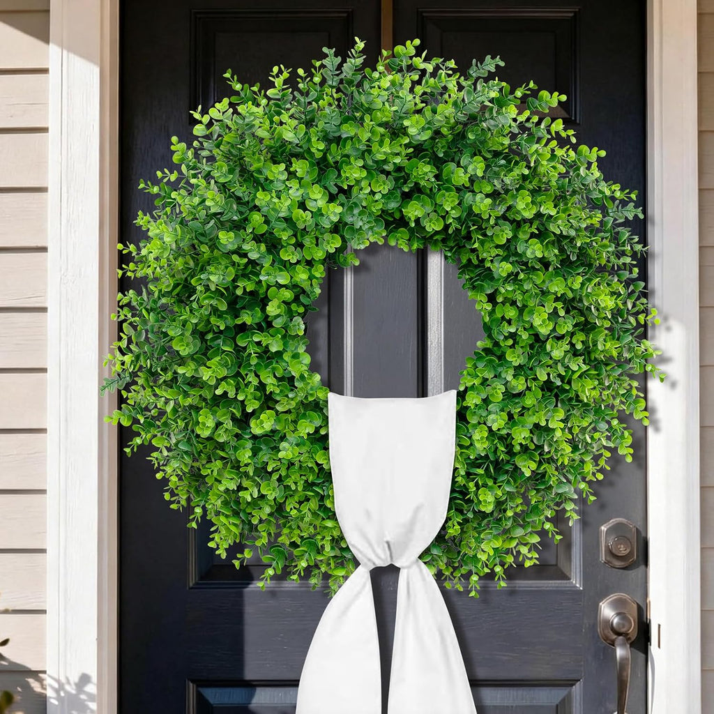 28'' Large Boxwood Wreaths Front Door Artificial Green Spring Wreath with Sash Wreaths for Front Door Farmhouse