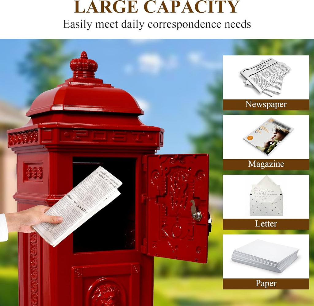 Vintage Large-Capacity Cast Aluminum Mailbox, Outdoor Weatherproof Floor Standing Postbox