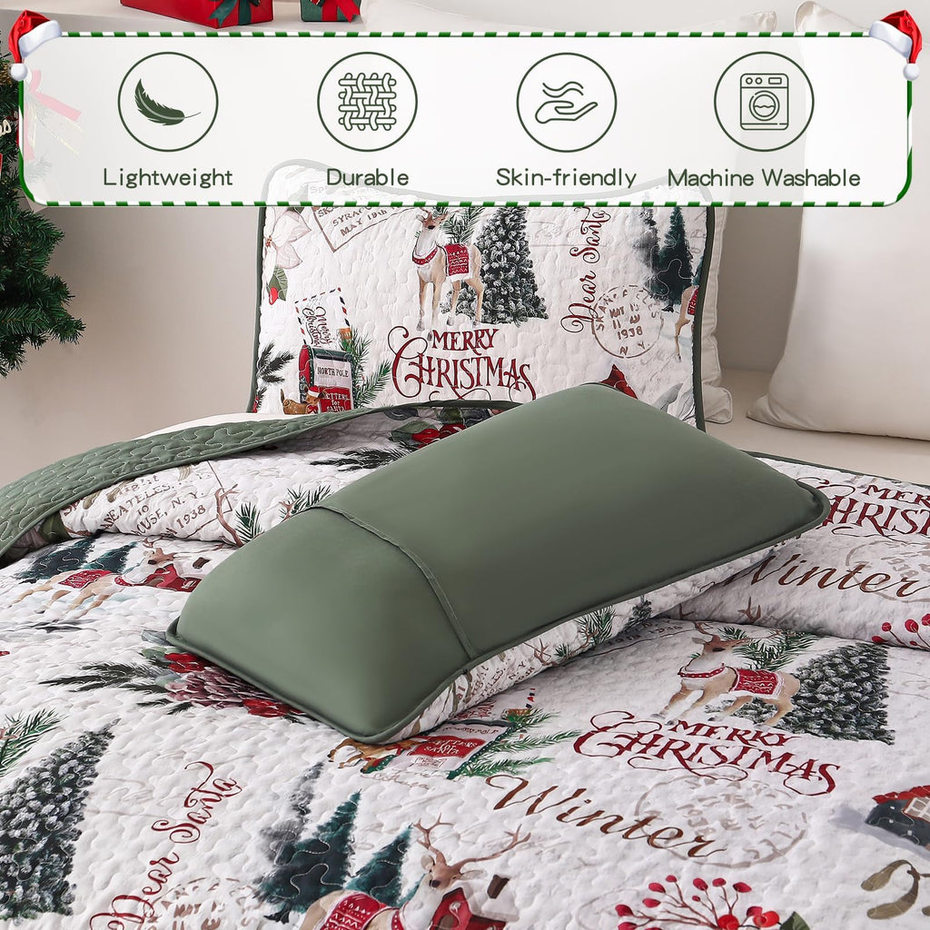 Christmas Quilt Set Queen, Xmas Tree Reindeer Christmas Bedding
