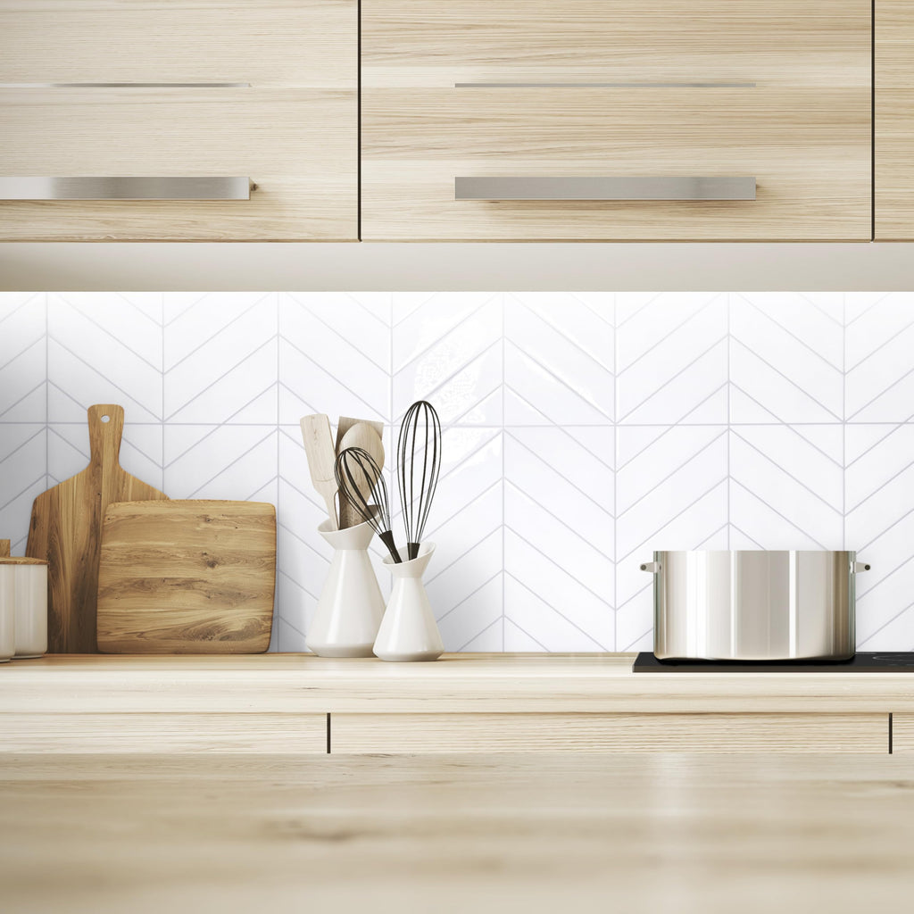 Peel and Stick backsplash, Chevron Pure White, 22.56"x11.58"
