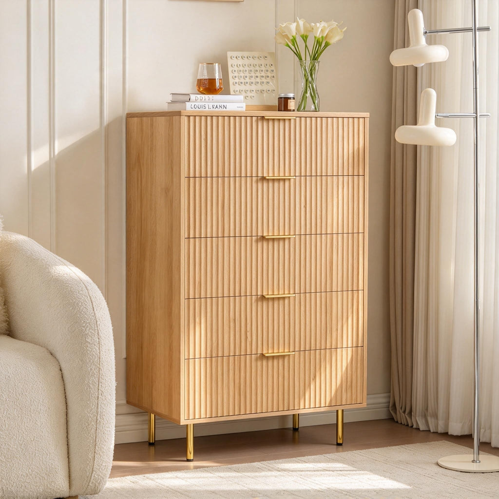 Fluted 5 Drawers Bedroom Dresser, 48" Tall Chest of Drawers Gold Handle, Oak