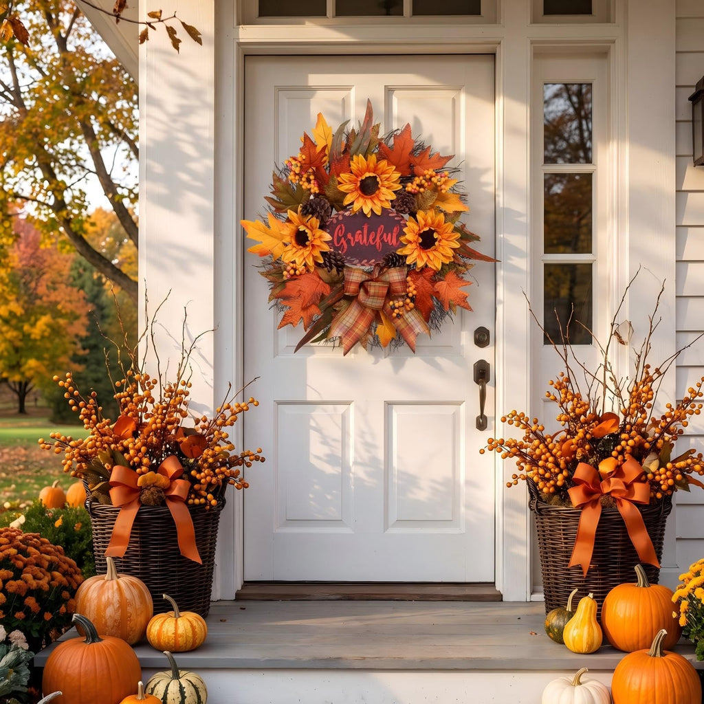 Fall Wreath for Front Door, Autumn Sunflower Wreath, Harvest Decor