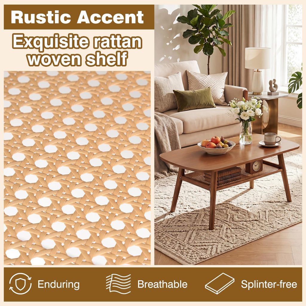 Rattan Coffee Table, 39.5" Wood Coffee Table Walnut
