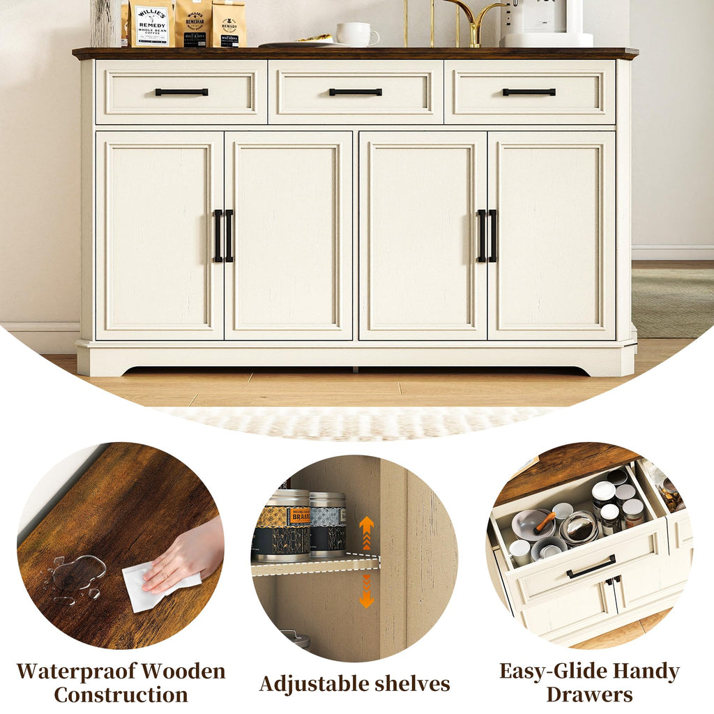64" Farmhouse Sideboard Buffet Cabinet, Antique White Credenza