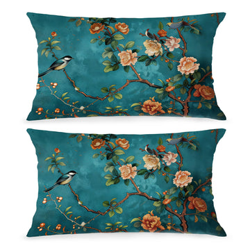 Teal Cottagecore Bird Floral Lumbar Pillow Covers 12x20, Set of 2