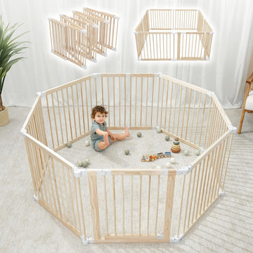 Baby Gate Playpen 57x57x25in - Foldable Playpen Light Wood White | Extends Up to 228", Natural Pine Wood Baby Fence