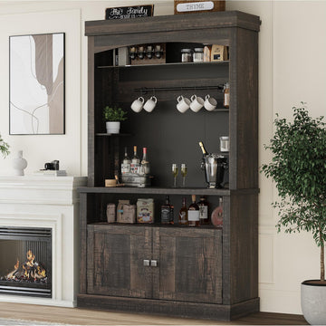 Coffee Bar Cabinet with LED Lights, 72 '' Tall Buffet Cabinet with Storage, Farmhouse Kitchen Sideboard Tall Coffee