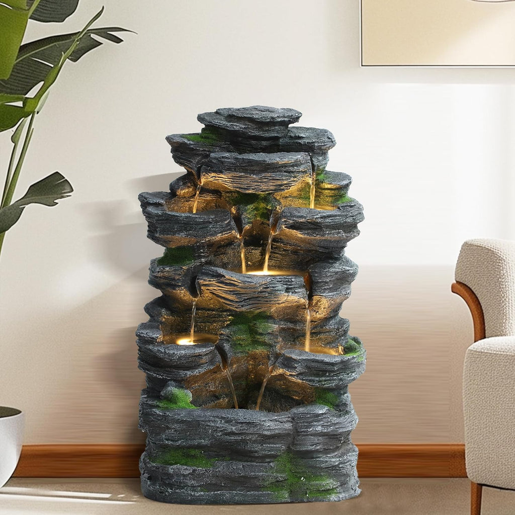 7-Tiers Cascading Rock Water Fountain Outdoor