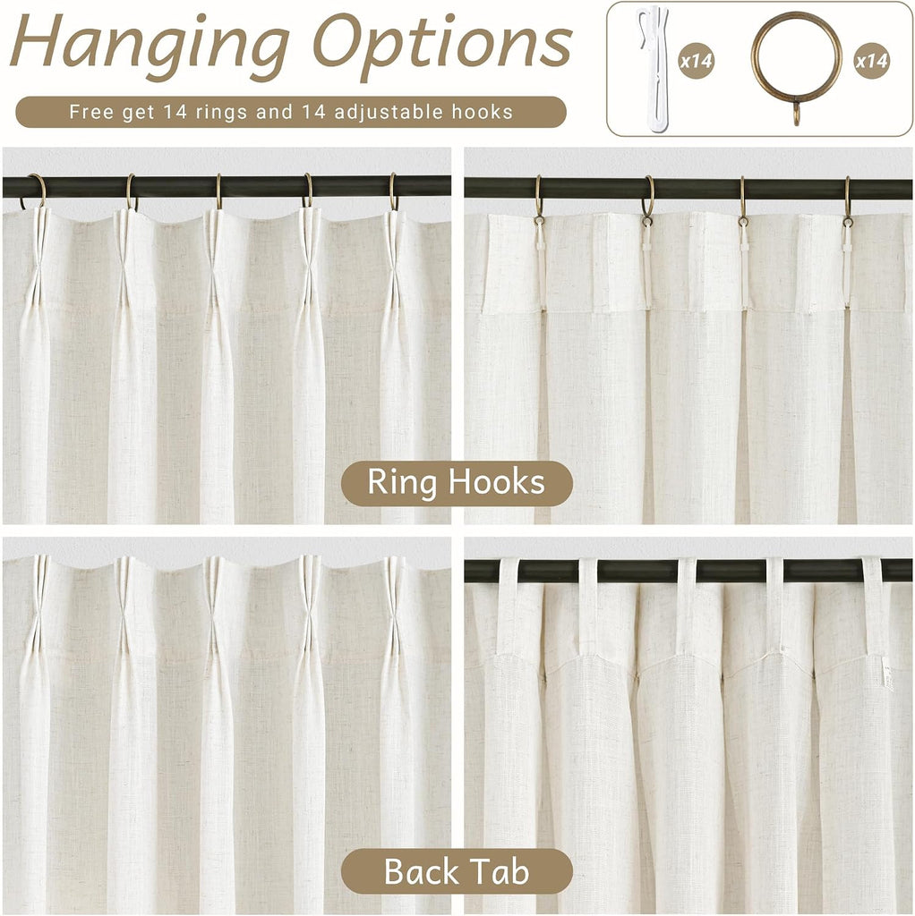 102 inch Long Pinch Pleat Linen Curtains 2 Panels Set for Living Room Sliding Door Natural Cream Light Filtering Semi