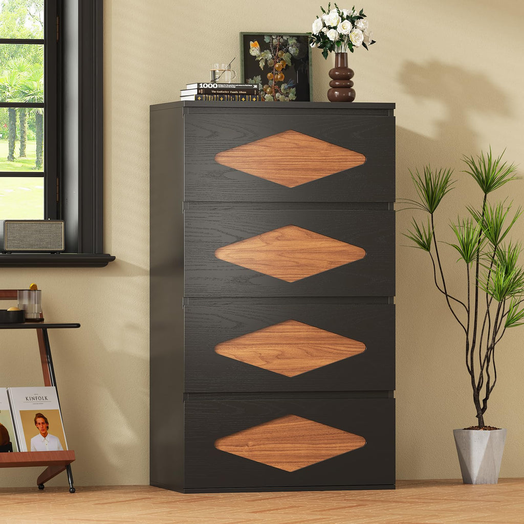 48.3'' Tall, 4 Chest of Wooden Deep Drawers, Vintage, Closet Storage Dressers Organizer (Black+Brown)