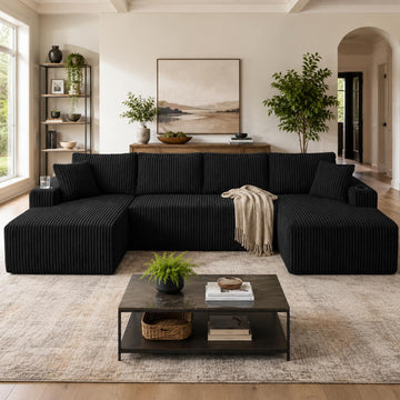 124" Cloud Boneless Couch, Oversized Sectional Couches, Modern Modular Couch with Cup Holders, Black Comfy Corduroy U