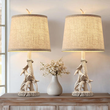 23'' Farmhouse Table Lamps Rustic Deer Antler Table Lamps Set of 2 Bedside Nightstand Lamp Western Log Cabin Lamp