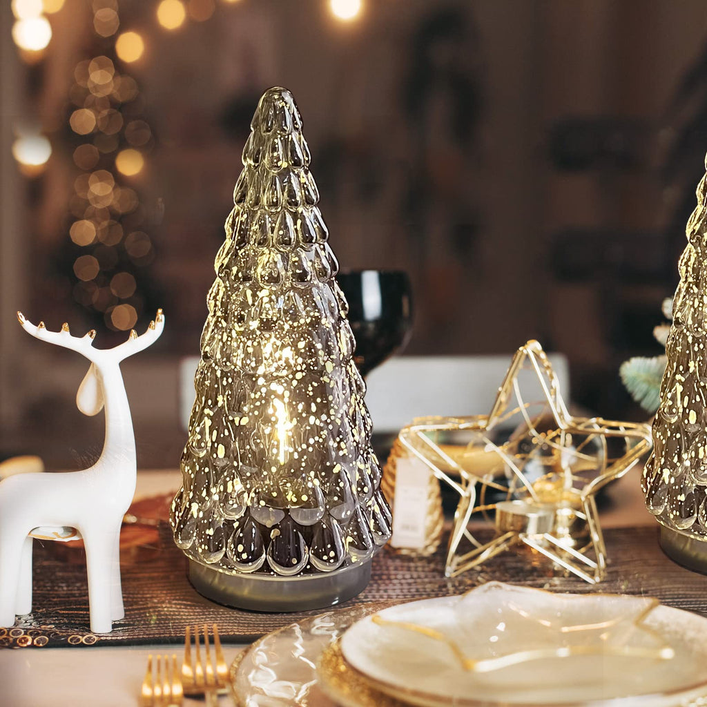 Silver Tabletop Christmas Tree 3pcs, Small Mercury Glass Christmas Trees with Light, Battery Operated Mini Xmas Tree