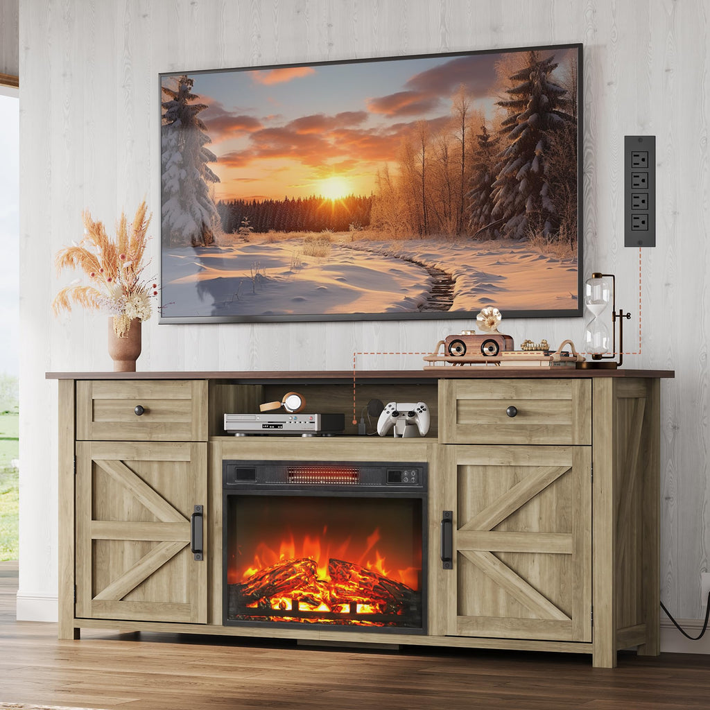 Electric Fireplace TV Stand for 65 75 inch TV, Modern Farmhouse Entertainment Center with Removable Fireplace &