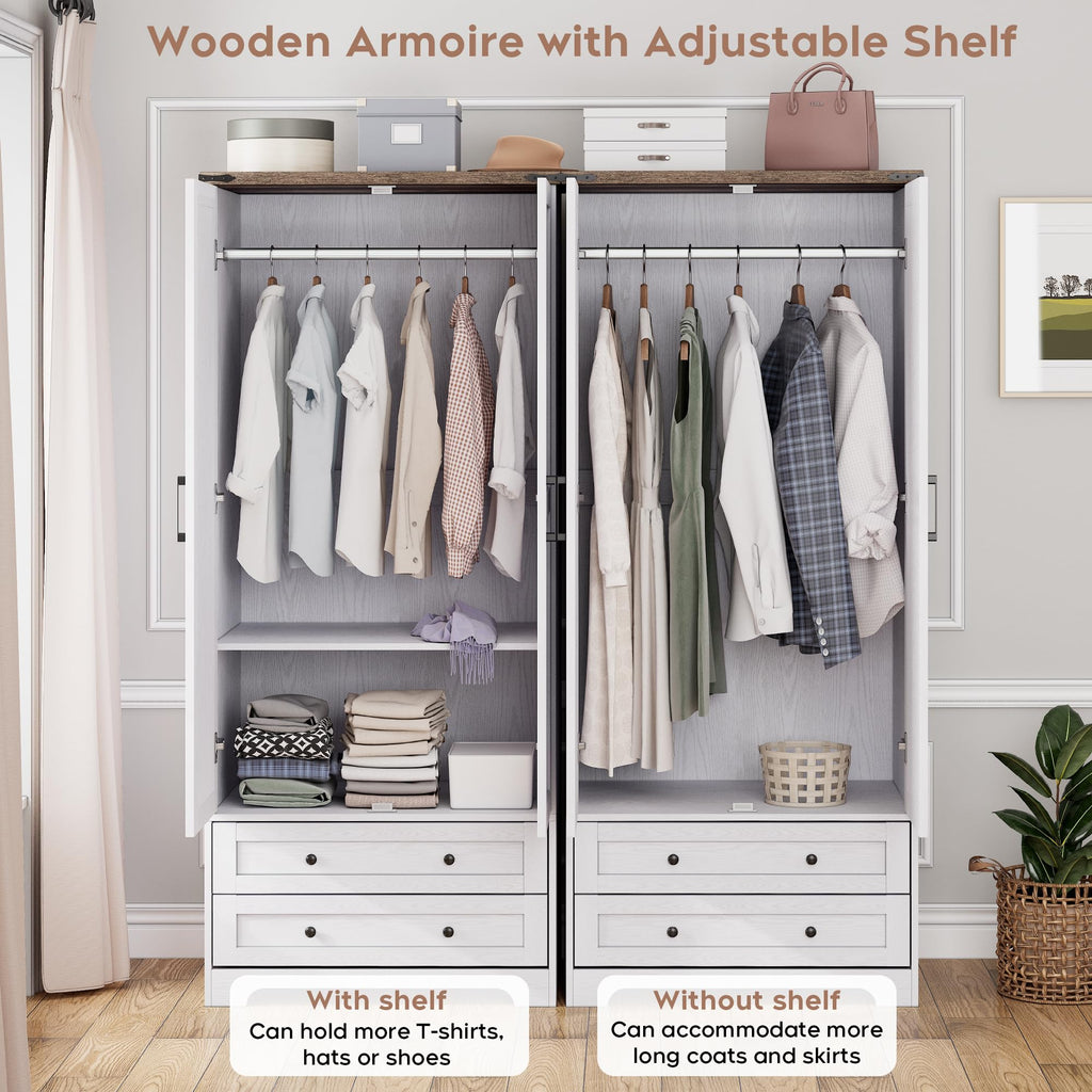 2 Doors Wooden Armoire Wardrobe Closet with 2 Drawers, White